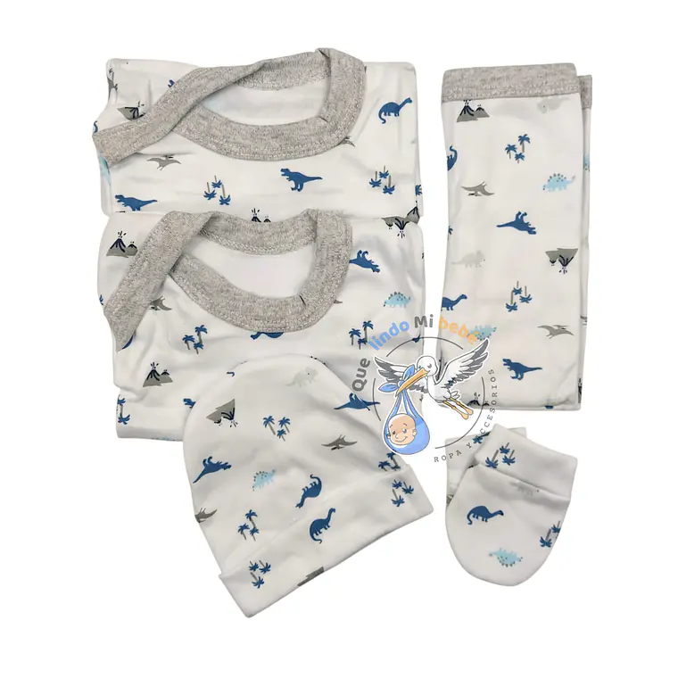 Ajuar 5 Piezas con Diseño Talla 0/3 Meses Blanco/Gris Dinosaurio 1