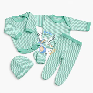 Ajuar 5 Piezas Liso Talla 0/3 Meses Verde Agua Rayado