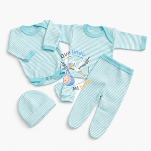 Ajuar 5 Piezas Liso Talla 0/3 Meses Calipso Claro Rayado 