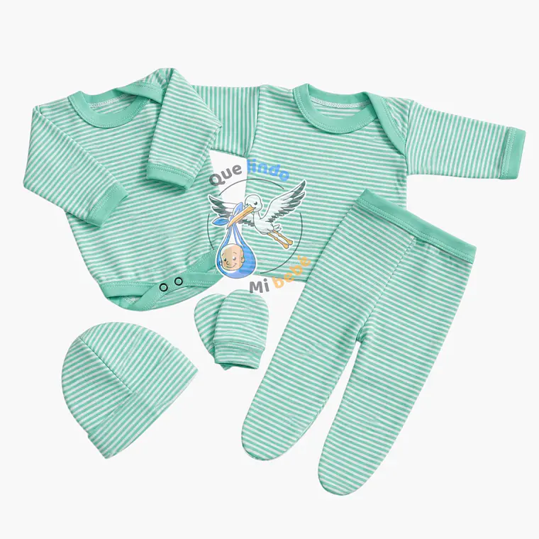 Ajuar 5 Piezas Liso Talla 0/3 Meses Verde Agua Rayado 1