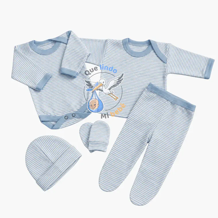 Ajuar 5 Piezas Liso Talla 0/3 Meses Celeste Rayado 1