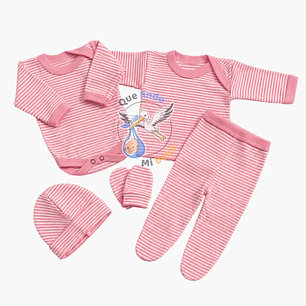 Ajuar 5 Piezas Liso Talla 0/3 Meses Rosado Rayado