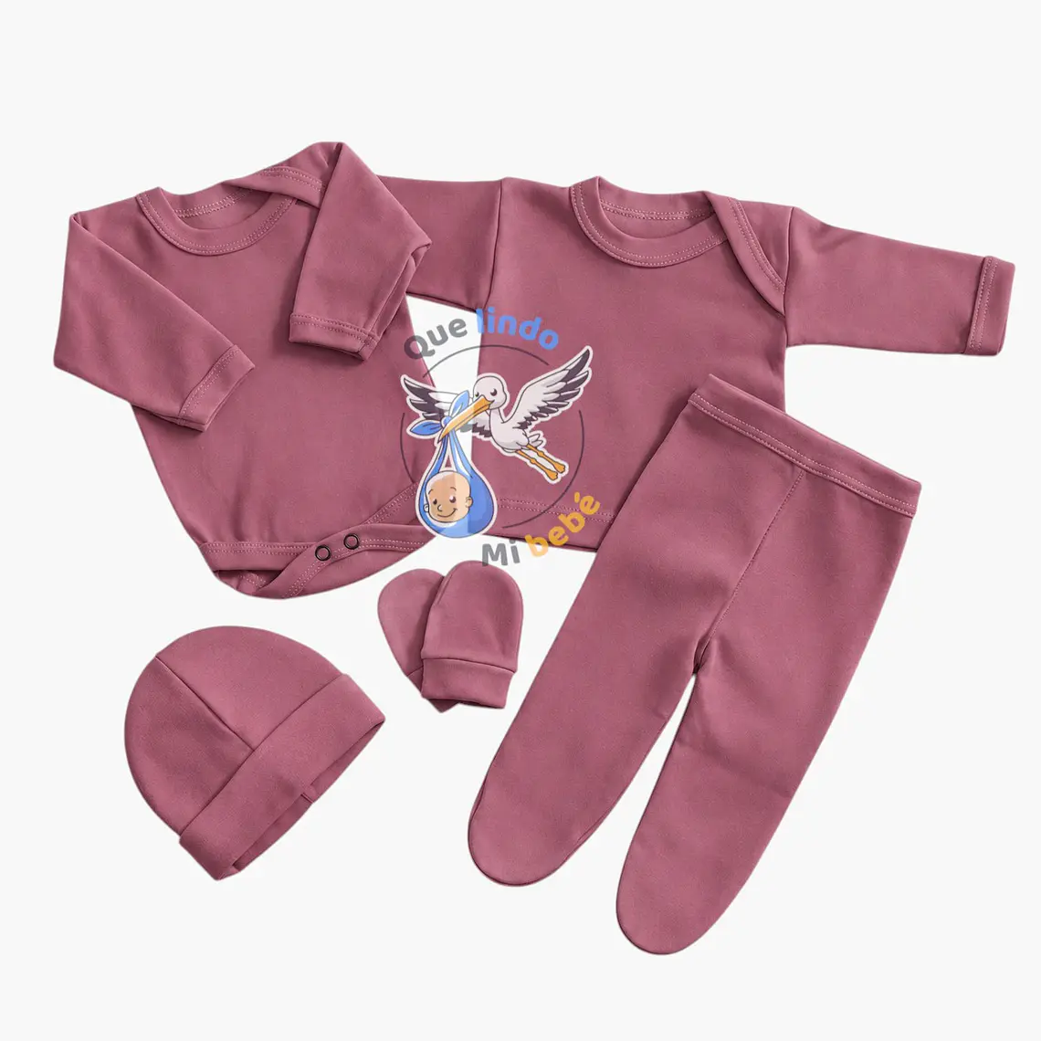 Ajuar 5 Piezas Liso Talla 0/3 Meses Palo Rosa  1