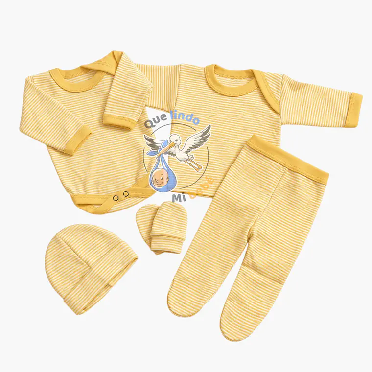 Ajuar 5 Piezas Liso Talla 0/3 Meses Amarillo Maiz Rayado 1