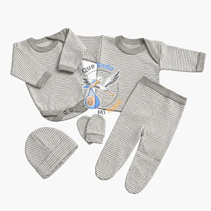 Ajuar 5 Piezas Liso Talla 0/3 Meses Gris Rayado