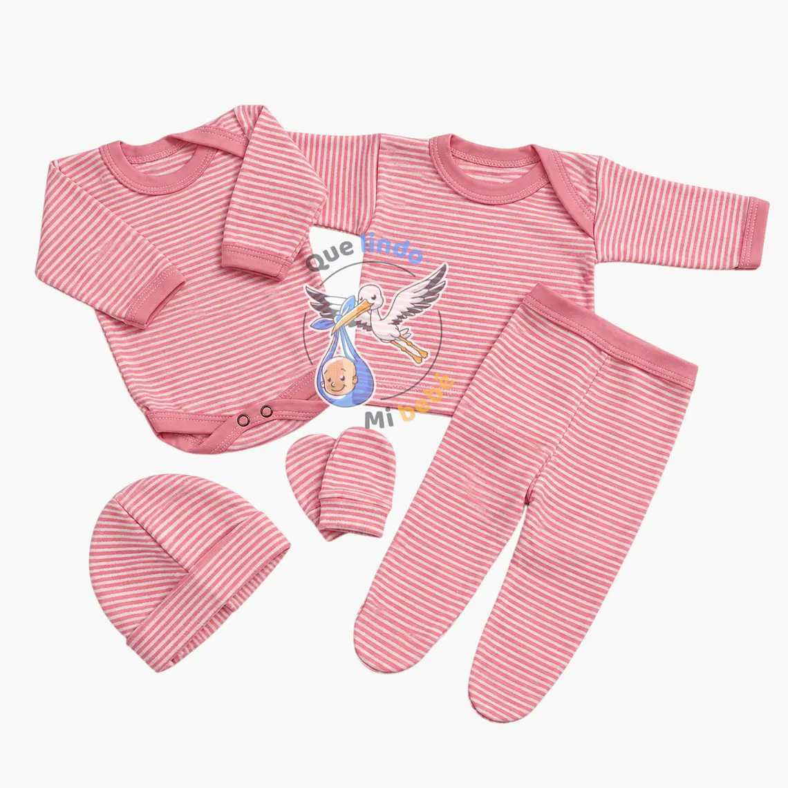 Ajuar 5 Piezas Liso Talla 0/3 Meses Palo Rosa Rayado  1