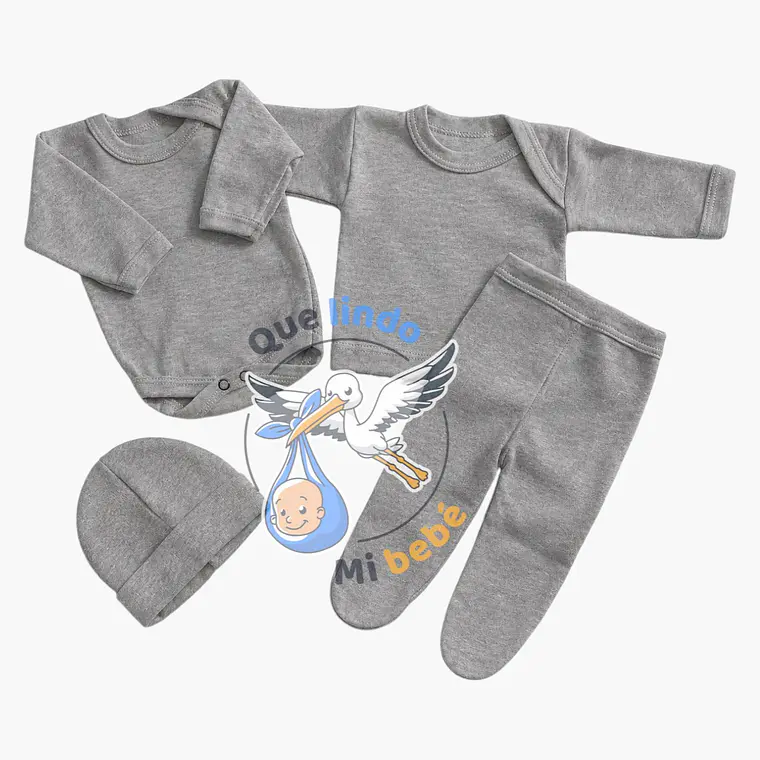 Ajuar 4 Piezas Liso Talla 3/6 Meses Gris  1