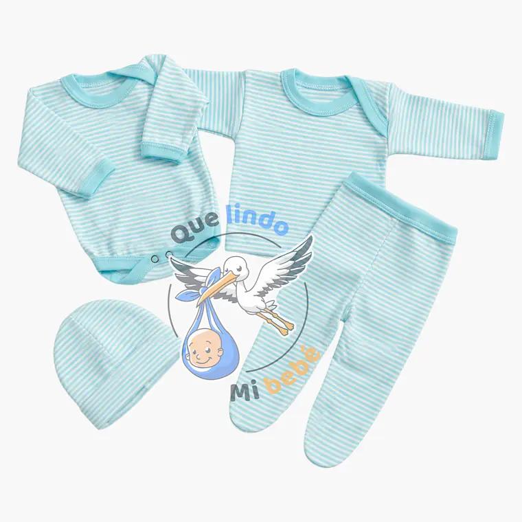 Ajuar 4 Piezas Liso Talla 3/6 Meses Calipso Claro Rayado  1