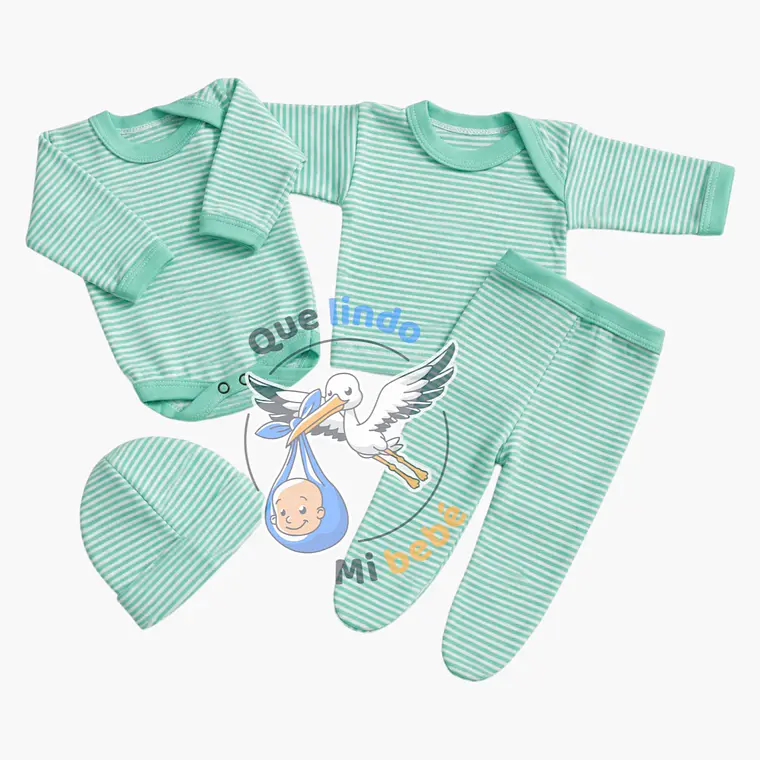 Ajuar 4 Piezas Liso Talla 3/6 Meses Verde Agua Rayado  1