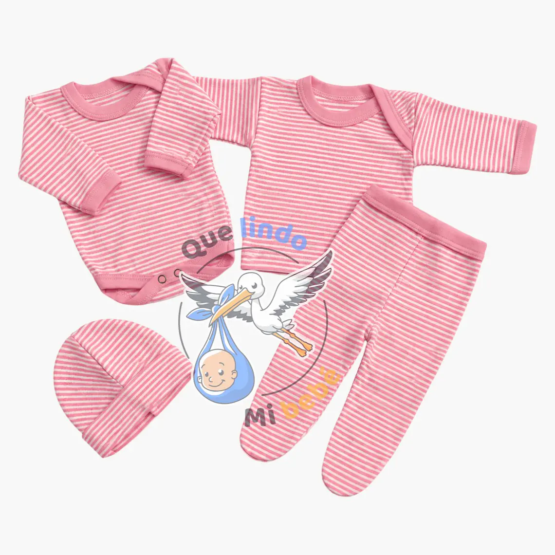 Ajuar 4 Piezas Liso Talla 3/6 Meses Rosado Rayado 1