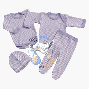 Ajuar 4 Piezas Liso Talla 3/6 Meses Lila Rayado 