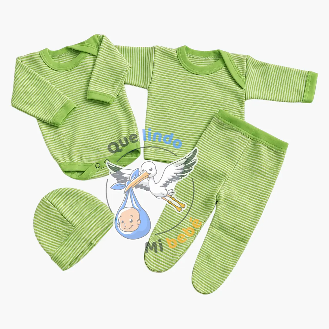 Ajuar 4 Piezas Liso Talla 3/6 Meses Verde Pistacho Rayado  1