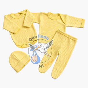 Ajuar 4 Piezas Liso Talla 6/9 Meses Amarillo Rayado