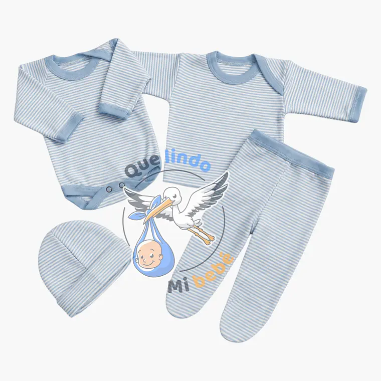 Ajuar 4 Piezas Liso Talla 6/9 Meses Celeste Rayado 1