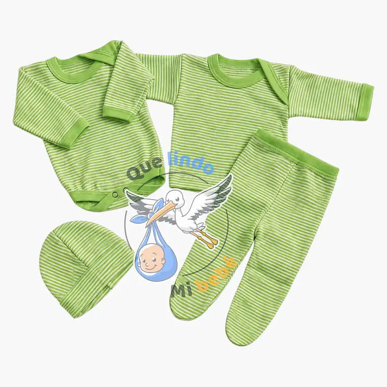 Ajuar 4 Piezas Liso Talla 6/9 Meses Verde Pistacho Rayado 1