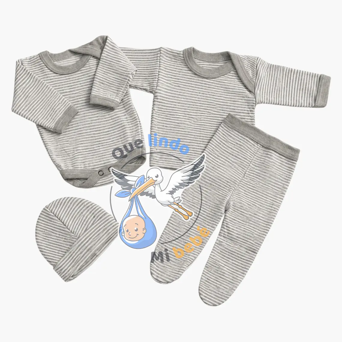 Ajuar 4 Piezas Liso Talla 6/9 Meses Gris Rayado 1