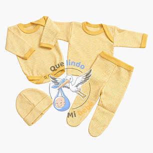 Ajuar 4 Piezas Liso Talla 6/9 Meses Amarillo Maíz Rayado