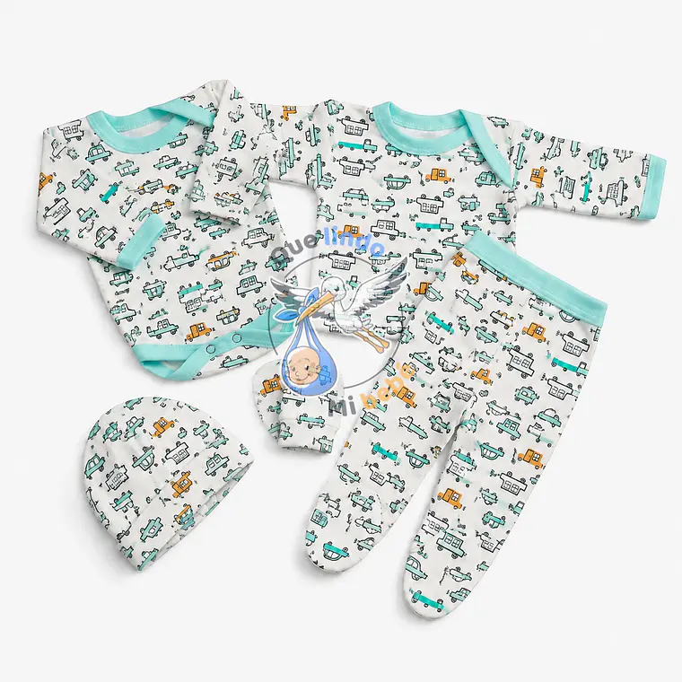 Ajuar 5 Piezas con Diseño Talla 0/3 Meses Blanco/Calipso Autos 1