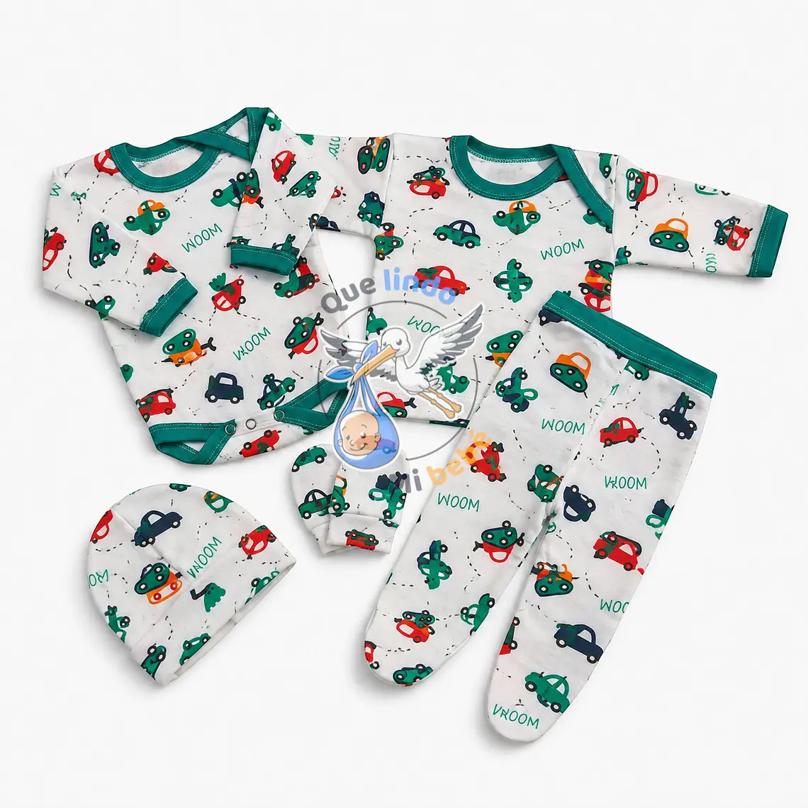Ajuar 5 Piezas con Diseño Talla 0/3 Meses Blanco/Verde Camiones 1
