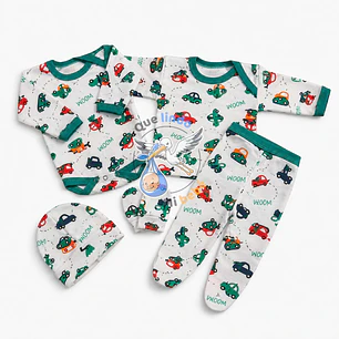 Ajuar 5 Piezas con Diseño Talla 0/3 Meses Blanco/Verde Camiones