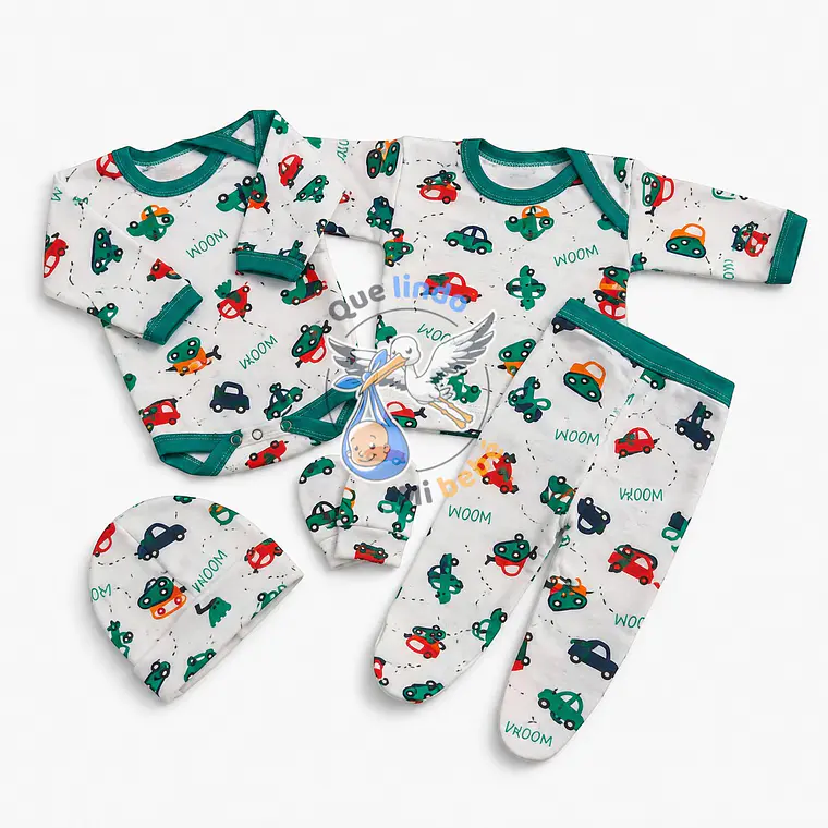 Ajuar 5 Piezas con Diseño Talla 0/3 Meses Blanco/Verde Camiones 1