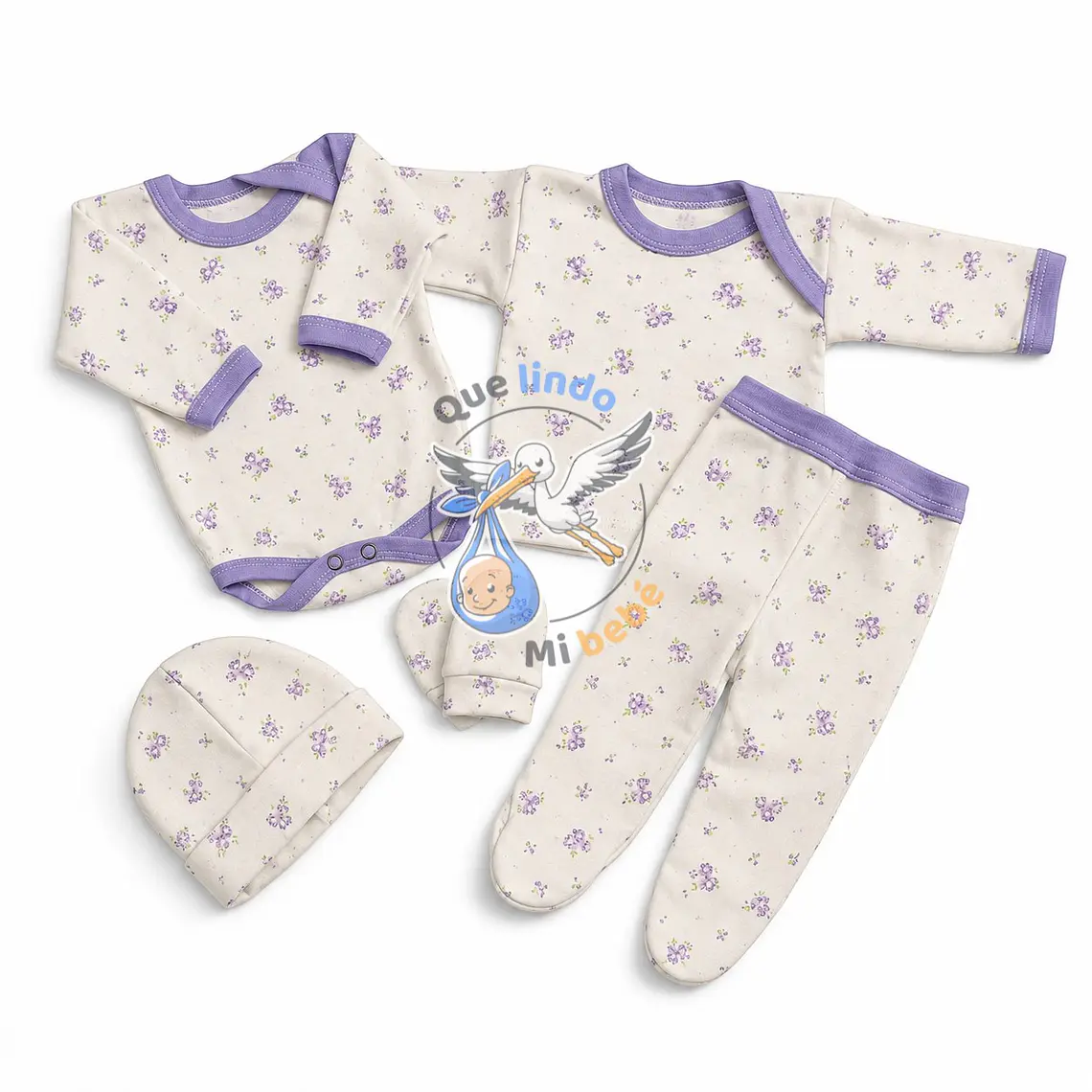 Ajuar 5 Piezas con Diseño Talla 0/3 Meses Blanco/Lila Flores 1