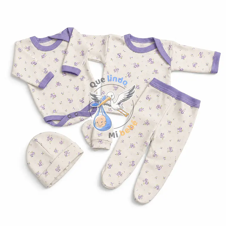 Ajuar 5 Piezas con Diseño Talla 0/3 Meses Blanco/Lila Flores 1