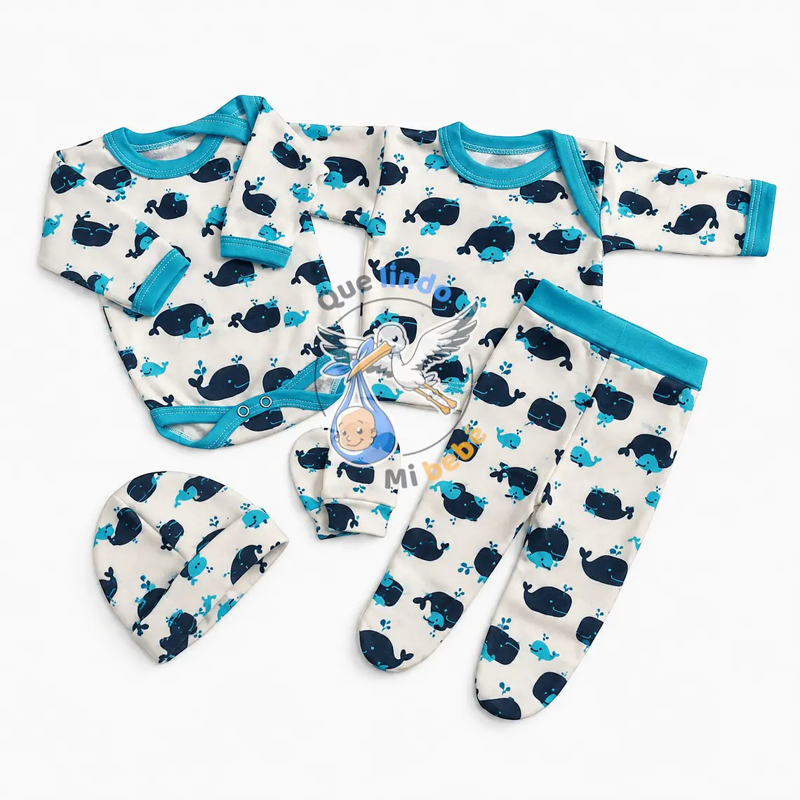 Ajuar 5 Piezas con Diseño Talla 0/3 Meses Blanco/Calipso Ballenas 1