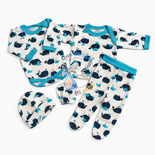 Ajuar 5 Piezas con Diseño Talla 0/3 Meses Blanco/Calipso Ballenas