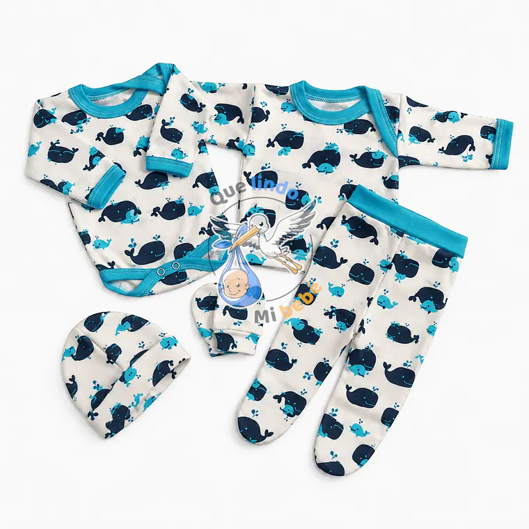 Ajuar 5 Piezas con Diseño Talla 0/3 Meses Blanco/Calipso Ballenas 1