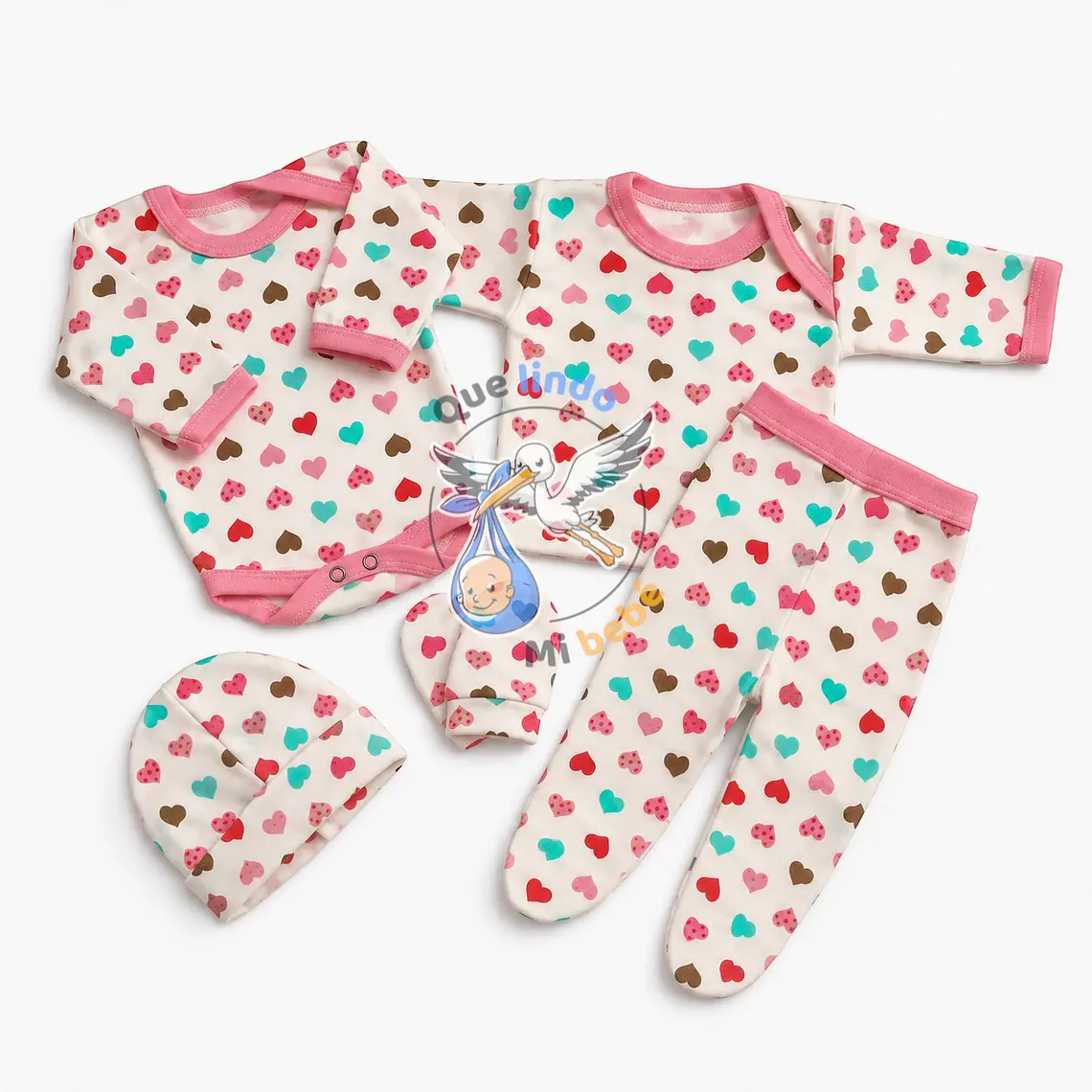 Ajuar 5 Piezas con Diseño Talla 0/3 Meses Blanco/Rosado Corazones 1