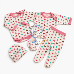 Ajuar 5 Piezas con Diseño Talla 0/3 Meses Blanco/Rosado Corazones
