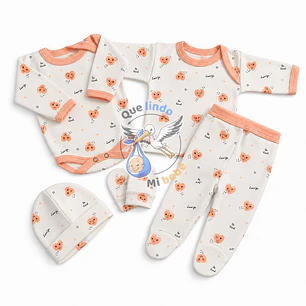 Ajuar 5 Piezas con Diseño Talla 0/3 Meses Blanco/Damasco Corazones