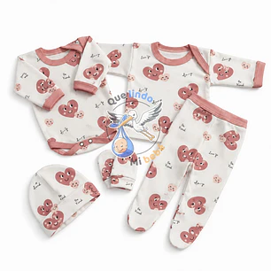 Ajuar 5 Piezas con Diseño Talla 0/3 Meses Blanco/Rosado Corazones