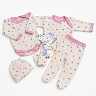 Ajuar 5 Piezas con Diseño Talla 0/3 Meses Blanco/Rosado Claro Frutilla