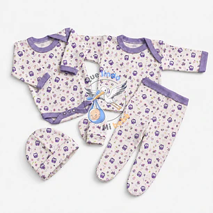 Ajuar 5 Piezas con Diseño Talla 0/3 Meses Blanco/Lila Buhos