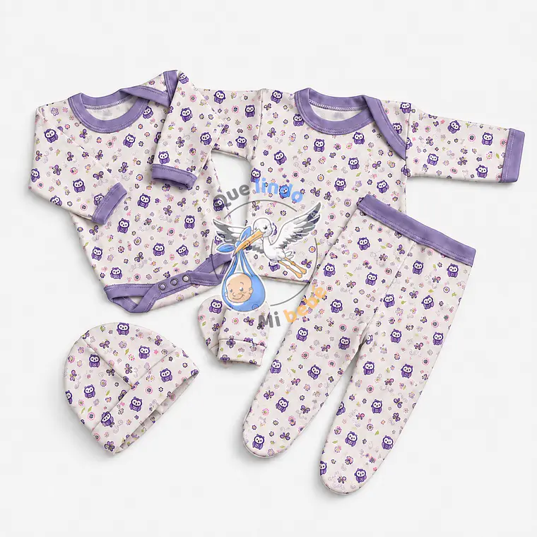 Ajuar 5 Piezas con Diseño Talla 0/3 Meses Blanco/Lila Buhos 1