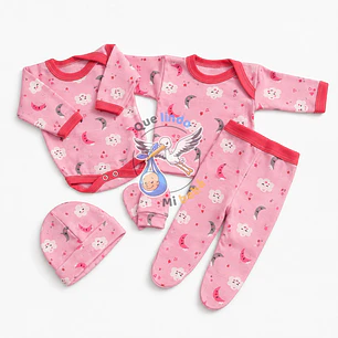 Ajuar 5 Piezas con Diseño Talla 0/3 Meses Rosado/Fucsia Lunas