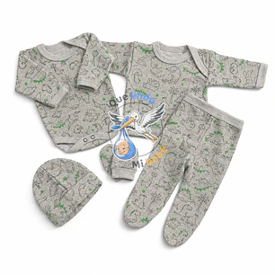 Ajuar 5 Piezas con Diseño Talla 0/3 Meses Gris Dinosaurios
