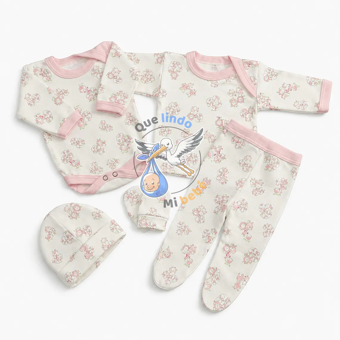 Ajuar 5 Piezas con Diseño Talla 0/3 Meses Blanco/Rosado Animalitos 1