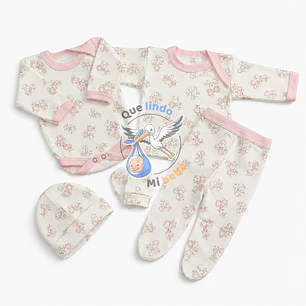 Ajuar 5 Piezas con Diseño Talla 0/3 Meses Blanco/Rosado Animalitos