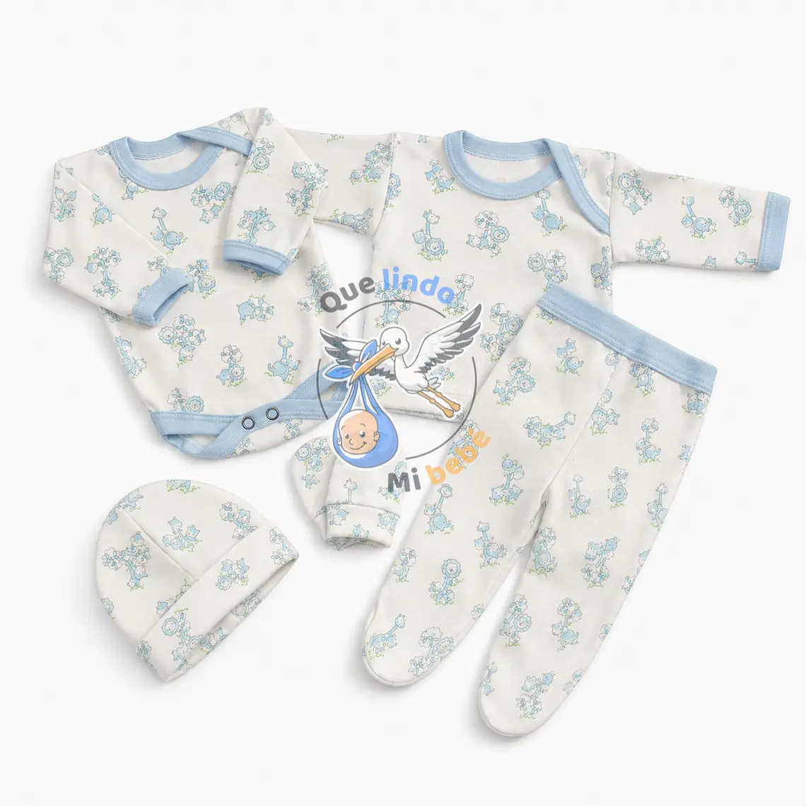 Ajuar 5 Piezas con Diseño Talla 0/3 Meses Blanco/Celeste Animalitos 1