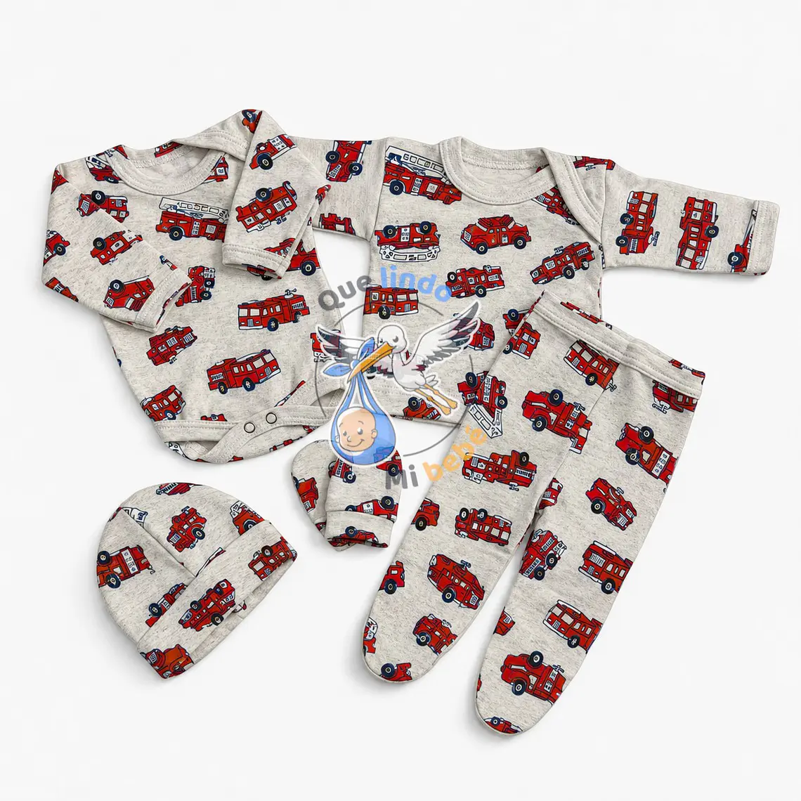Ajuar 5 Piezas con Diseño Talla 0/3 Meses Gris Bomberos 1