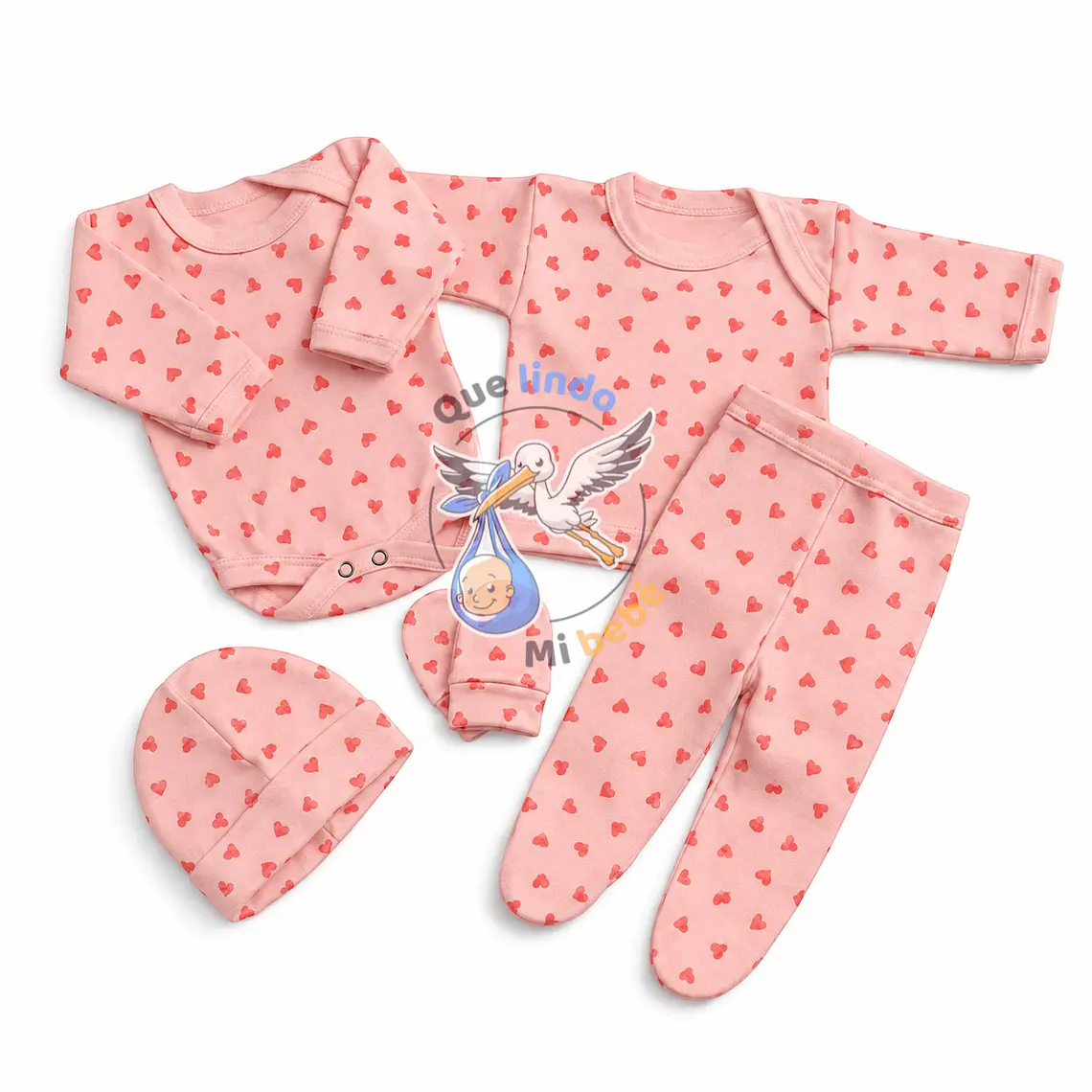 Ajuar 5 Piezas con Diseño Talla 0/3 Meses Rosado Corazones 1