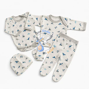 Ajuar 5 Piezas con Diseño Talla 0/3 Meses Blanco/Gris Dinosaurio