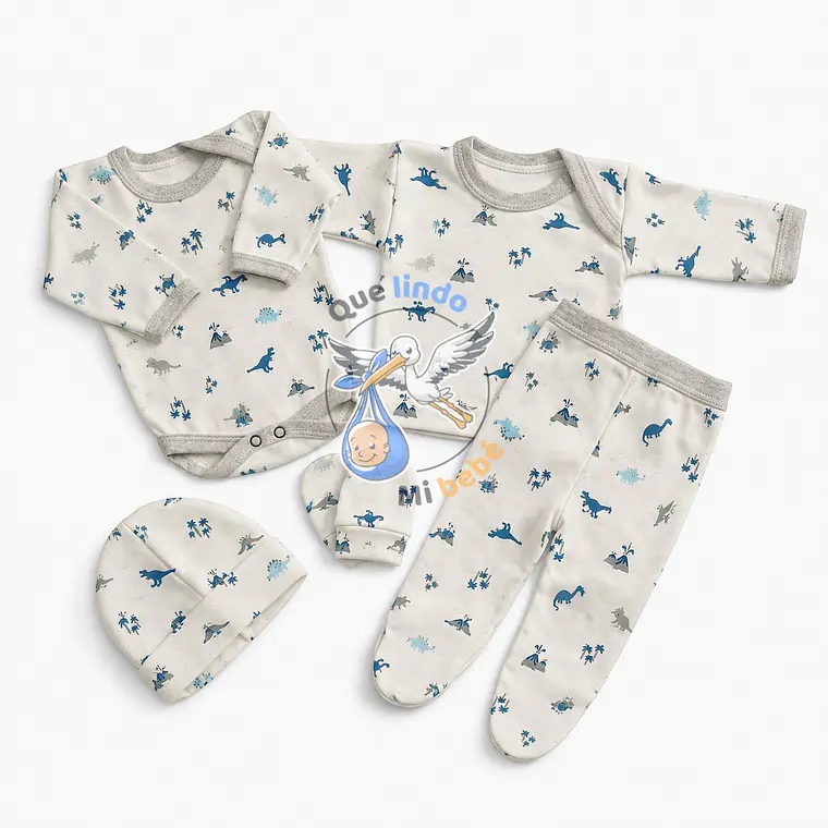 Ajuar 5 Piezas con Diseño Talla 0/3 Meses Blanco/Gris Dinosaurio 1