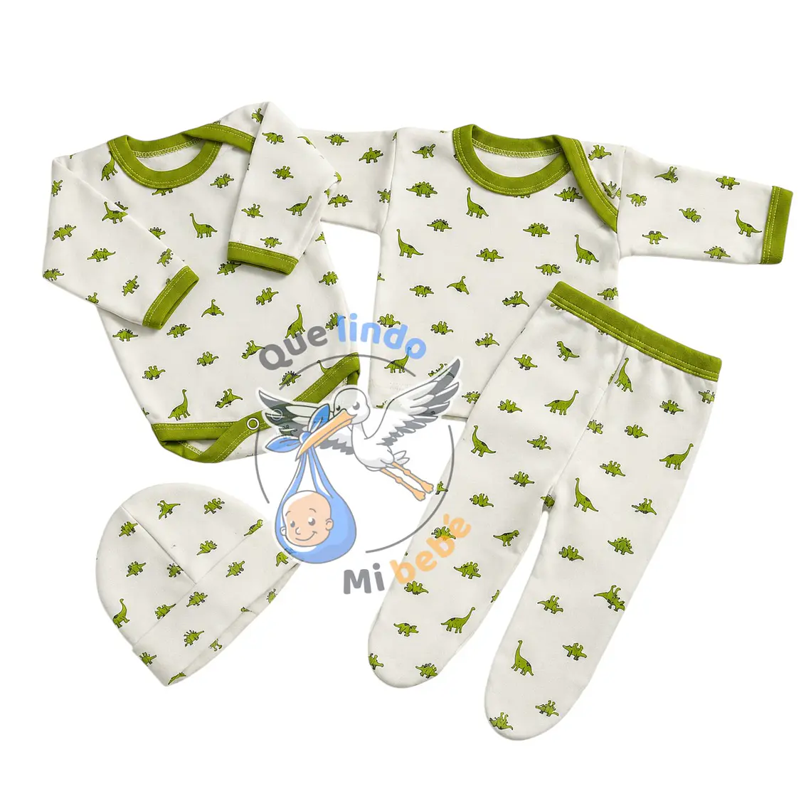 Ajuar 4 Piezas con Diseño Talla 3/6 Meses Blanco/Verde Dinosaurios 1
