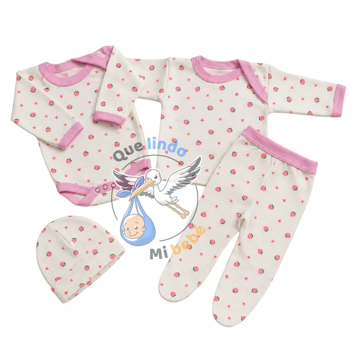 Ajuar 4 Piezas con Diseño Talla 3/6 Meses Blanco/Rosado Frutilla 1