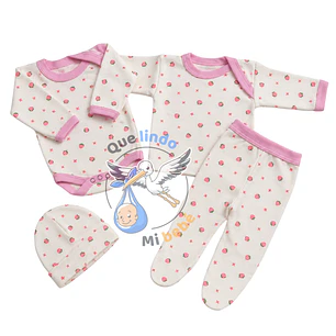 Ajuar 4 Piezas con Diseño Talla 3/6 Meses Blanco/Rosado Frutilla