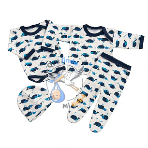 Ajuar 4 Piezas con Diseño Talla 3/6 Meses Blanco/Azul Ballenas